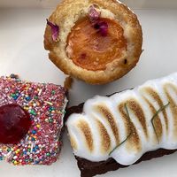Fairy bread lamington, Aztec chocolate tart, and apricot & rose teacake at Pandy in Northcote