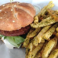 Vegan Ridley burger with side of fries. at Morton in Varkaus