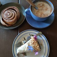 hot chocolate, peanut brownie cake and cinnamon roll (unfortunately not vegan) at Furu Hostel Café in Boestad