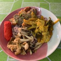 Mushrooms with soy chicken are spicy. Cabbage was as well.  at Jay Tamachad in Koh Samui