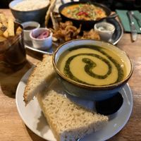 Soup of the Day Lentils and Vegetables with a Side of Fries.  at The George in Inveraray
