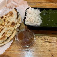 palak paneer (paneer subbed for tofu), oil and garlic naan, mango chutney  at Everest Kitchen in Aarhus