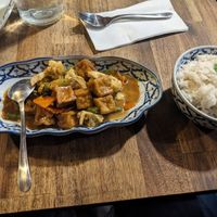 Tofu Satay Stir Fry with Coconut Rice at Suganya's Thai Restaurant in Bright