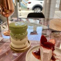 Dalgona matcha and strawberry cheesecake   at Kappra Cafe in Bangkok