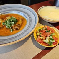 Stuffed eggplant, mashed potatoes, and salad at Hummus 90 in Ashdot Yaakov