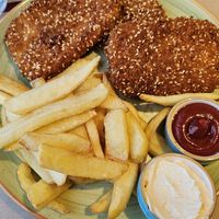 Tofu shnitzel with fries at Hummus 90 in Ashdot Yaakov