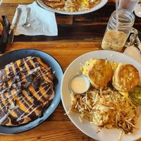 Fully vegan breakfast. Vegan cookies and cream pancake. Vegan Berkley Biscuit Breakfast. New Orleans ice coffee with oat milk. So good! at Seven Mile Cafe in Lewisville