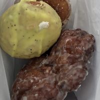 Earl Grey, Lemon Poppyseed, and an Apple Fritter!  You can’t go wrong here:) at Pepples Donut Farm in Berkeley