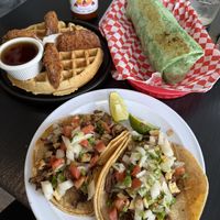 chicken n waffles, tofu curry burrito, and steak n eggs tacos  at Pepples Donut Farm in Berkeley