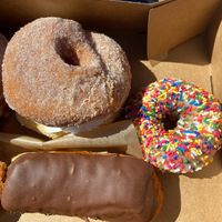 strawberry split, funfetti, chocolate bar  at Donut Bar - W. A St in San Diego