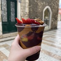 Açai bowl with strawberry, mango and peanut butter  at Oakberry in Split
