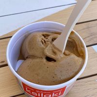 Vegan Cappuccino ice cream. Size medium (two scoops in the bowl). 
Unfortunately, they don’t offer vegan cones.   at Gelateria Ksilaki in Nikitas