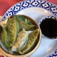 white rice, yellow curry, tom kha gai soup, veggie dumplings ~ at Thai Bistro in Winterthur