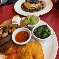 Large vegan breakfast and 3 stack blueberry vegan pancakes   at The City Cafe in Edinburgh