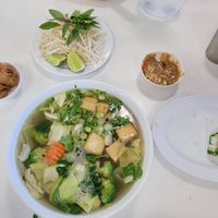 Pho w tofu and lots of veggies, tofu spring rolls and vegan fried wontons at Pho Ka in National City