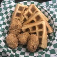 Vegan Chicken and waffles. The chicken is the same breaded cauliflower used for the vings and absolutely delicious. The waffles were cakey and reminiscent of pancakes. 😋  at Vined The Vegan Experience in North Charleston