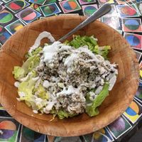 Chopped salad with scoop of “chicken” salad on top at Arnold's Way Vegetarian Raw Cafe in Lansdale