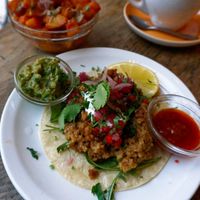 Taco + Patatas bravas at Soya Comptoir Bio in Paris