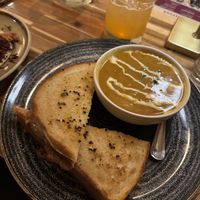Pumpkin soup and grilled cheeze (fuzzy peach marg in the back)  at Vegan Street in Calgary