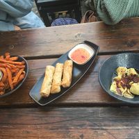 Entrées: Frites de patate douce (mayonnaise pas vegan) - Rouleaux de printemps vegans - Wonton au porc  at The Flying Monkey in Berlin
