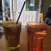 Iced Oat Latte and Tap Water at Riverside Cafe in Llanfairfechan
