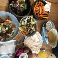 Nr. 28, fried cauliflower w tahini, sweet potatows w garlic sauce, fatoush, yellow lentil soup, falafel  at Ikrams in Konstanz