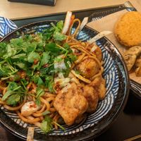 Tofu yaki udon with vegetable gyozas and pumpkin croquette at Kineya Mugimaru in North London