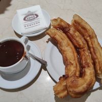 Vegan dark hot chocolate with porras at Chocolateria 1902 in Madrid
