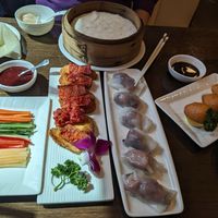 Crispy duck pancake; BBQ pork in rice noodle rolls; carrot salt water samosas at Veggie Kingdom 緻素坊 in Kowloon