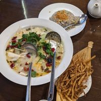 Pepper and pickled assorted mushrooms in casserole; crispy shredded abalone mushroom; pine nut truffle sauce fried rice at Veggie Kingdom 緻素坊 in Kowloon