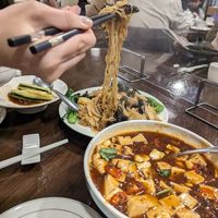 Japanese cucumber (spicy), crispy noodles (with mushrooms), and mapo Tofu (no rice). They offer tea by default (you have to pay extra) at Veggie Kingdom 緻素坊 in Kowloon