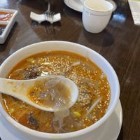 Flat noodles in hot and sour soup at Veggie Kingdom 緻素坊 in Kowloon