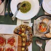 Vegan pesto pasta, vegetables with toasts, vegeballs and bruchettas. at Chi Burlaz Garden in Rimini