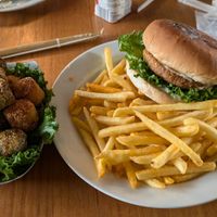 Broccoli and cauliflower bites and vegan burger with fries at Kaupfjelagid The Old General Store in Breiddalsvik