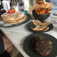 Pancakes, sausage and “bacon”. Yes, please!  at Gaia & Loki in Jersey City