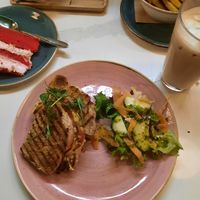 Cappuccino, red velvet cake, toastie, iced latte, salt and pepper fries at Organico Juice Bar & Eatery in Liverpool