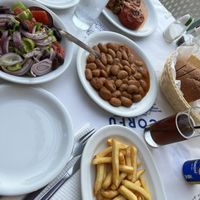 Stuffed peppers/tomatoes, Greek salad no cheese, beans, chips, bread   at Akrogliali in Corfu