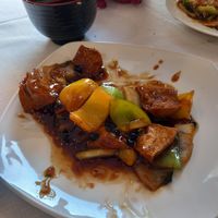 Bean curd in black bean sauce (partly eaten, sorry!) at East in Llandudno