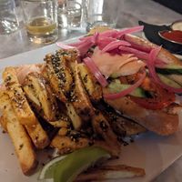 Vegan portobello banh mi and Togarashi fries, served with vegan ranch and ketchup at Public House in Temecula