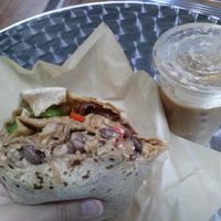 jackfruit 'carnitas' burrito and dirty chai at Viva La Vegan Grocery Store in Rancho Cucamonga
