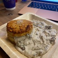 Biscuits and gravy. Biscuit had nice texture but it was too salty. The gravy was delicious and the sausage was good too, though I think it’s impossible meat. at Innocent Yesterday in New York City