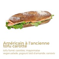 Old fashioned American, tofu, carrots Smoked tofu, carrots, vegan mayonnaise, salad, almond milk yogurt, cenovis at Zenhäusern in Sierre