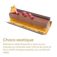 Exotic choco 
Refreshing pastry made from chocolate mousse with coconut cream and mango passion fruit confit on shortbread cookies at Zenhäusern in Sierre