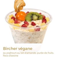 Vegan bircher with almond milk yogurt, fruit puree, oatmeal at Zenhäusern in Sierre