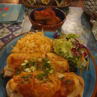 Enchiladas with rice and veg, cauliflower bites, jackfruit tacos at EscoBar in Inverness