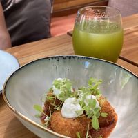 Bolas de queso y limonada de hierba buena  at Nula in Mal Pais