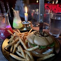 Crispy chicken burger with vegan mayo and fries  at Raven's Manor in Portland
