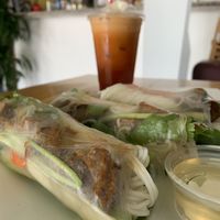 Spring rolls and Cambodian Ice Tea, house-made sauce   at Srey Vegan - Pop Up in Los Angeles