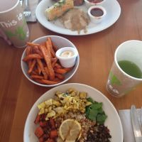 Backyard Spicy Fried 'Chicken', Sweat Potato Fries, Maroccon Bowl, Cucumber-Mint Lemonade and Strawberry Lemonade at Veggie Grill by Next Level in Santa Monica