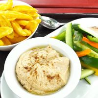 Hummus plus fries at Pántlika in Budapest